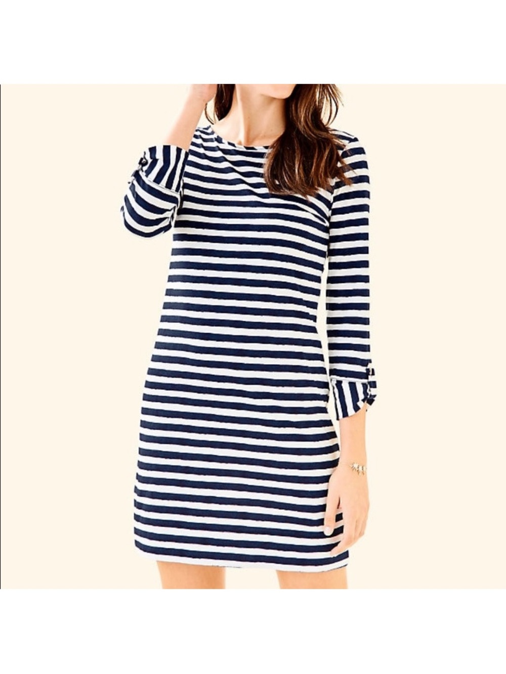 Lilly Pulitzer Cassie Navy and White Striped Mini Dress 3/4 sleeves Sz XS